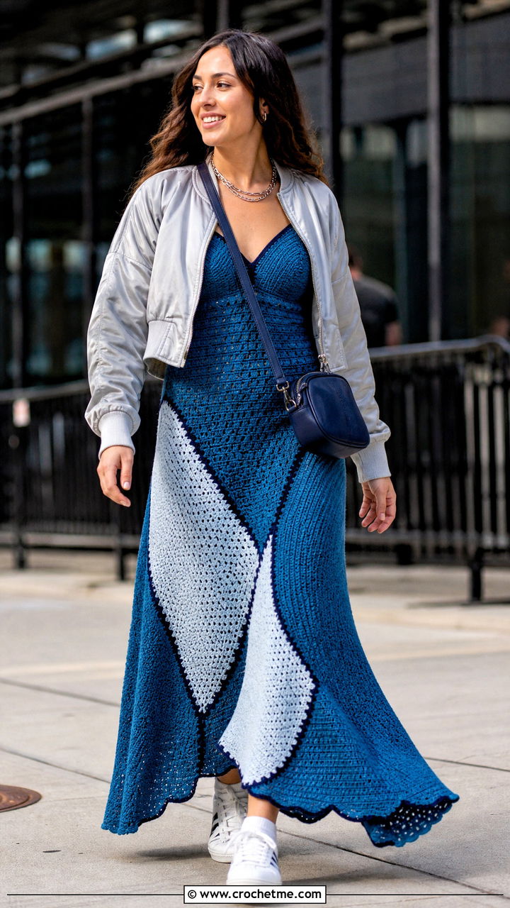 Color Block Crochet Princess Dress With Bomber Jacket - 35 crochet princess dress outfit ideas