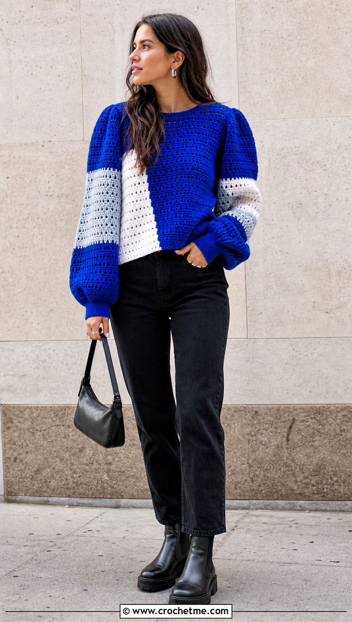 Color Block Crochet Puff Sleeve Sweater With Black Jeans - 25 Crochet Puff Sleeve Sweater outfit ideas