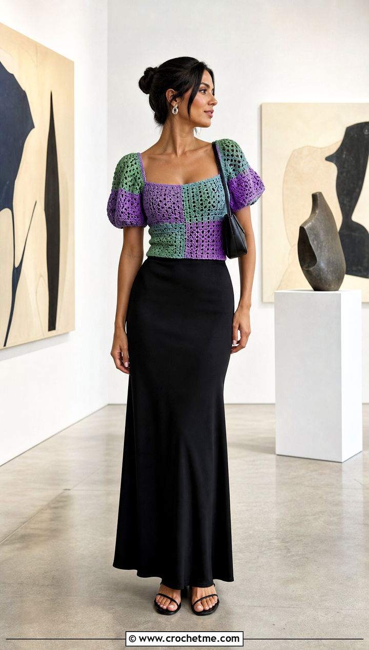 Color Block Crochet Puff Top With Black Maxi Skirt - 35 crochet puff top outfit ideas