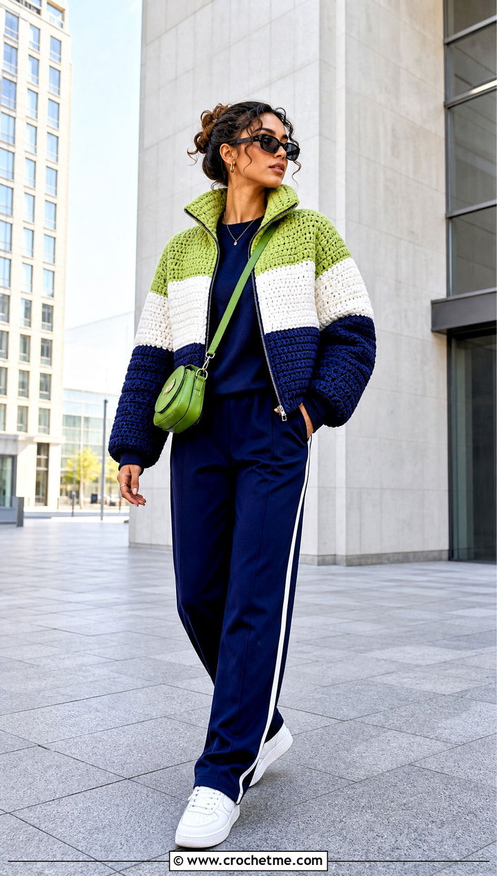 Color Block Crochet Puffer Jacket With Track Pants - 35 crochet puffer jacket outfit ideas