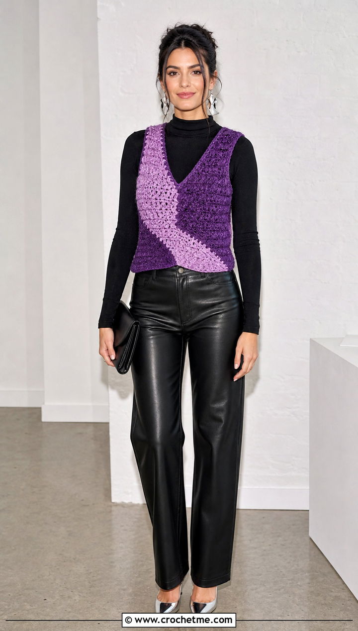 Color Block Crochet Pullover Vest With Leather Pants - 15 crochet pullover vest outfit ideas