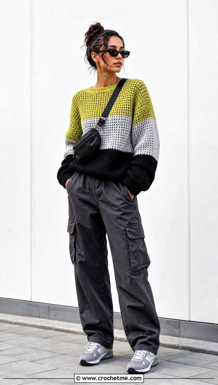 Color Block Crochet Pullover With Cargo Pants - 30 Easy Crochet Pullover outfit ideas