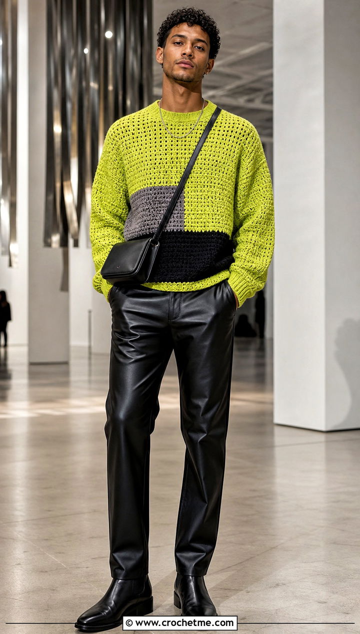 Color Block Crochet Pullover With Leather Pants - 15 Crochet Mens Sweaters outfit ideas