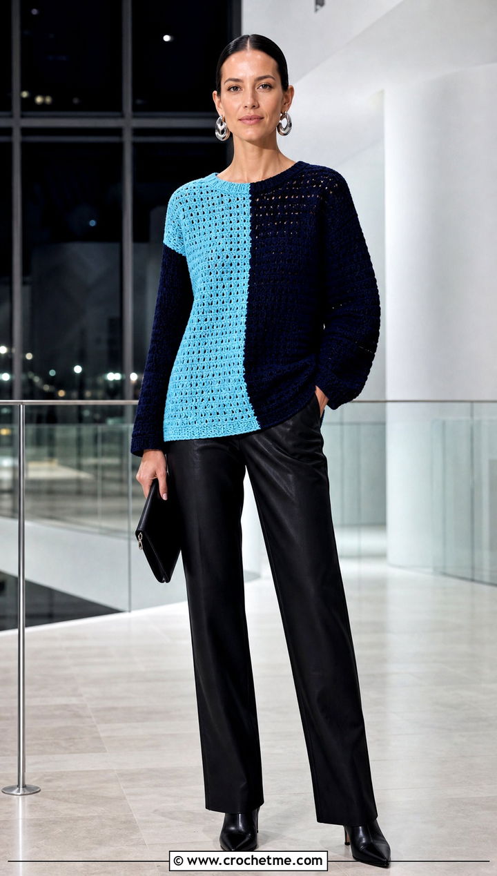 Color Block Crochet Pullover With Leather Pants - 25 women crochet pullover outfit ideas