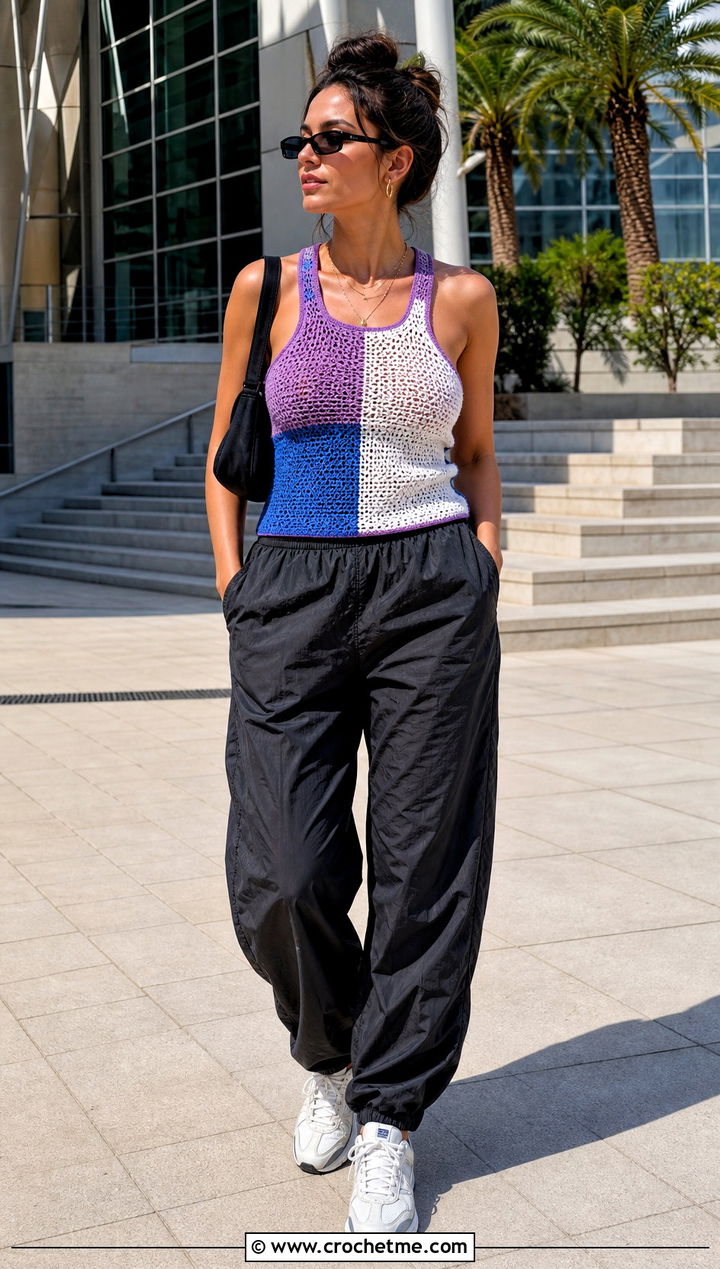 Color Block Crochet Racerback Tank Top With Parachute Pants - 25 Crochet Racerback Tank Tops outfit ideas
