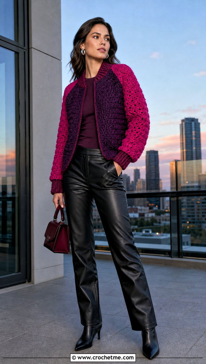 Color Block Crochet Raglan Jacket With Leather Pants - 15 crochet raglan jacket outfit ideas