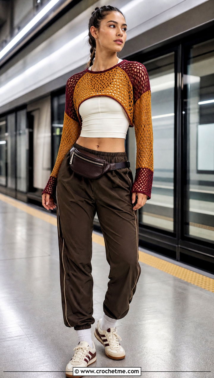 Color Block Crochet Raglan Mesh Top With Track Pants - 25 Crochet Raglan Mesh Top outfit ideas