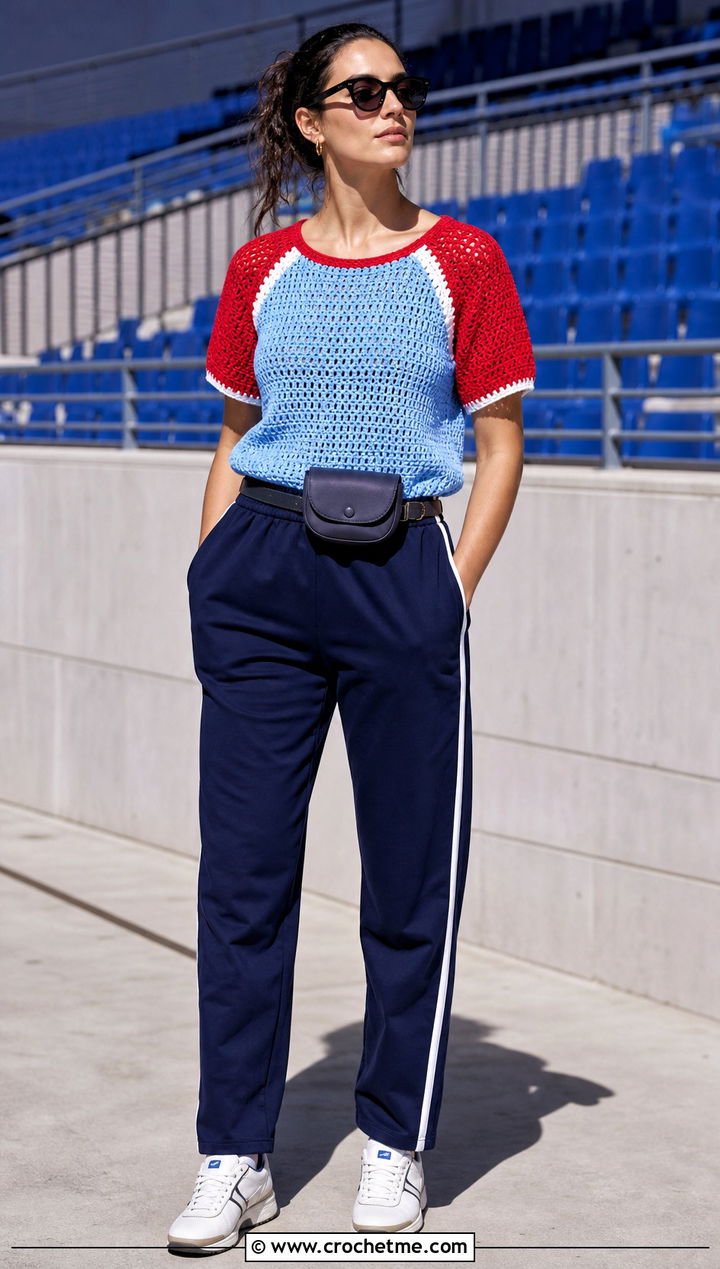 Color Block Crochet Raglan Top With Track Pants - 30 crochet raglan top outfit ideas