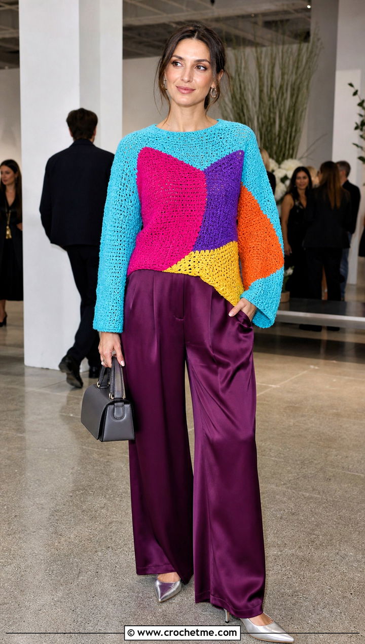 Color Block Crochet Rainbow Sweater With Satin Trousers - 20 Crochet Rainbow Sweater outfit ideas