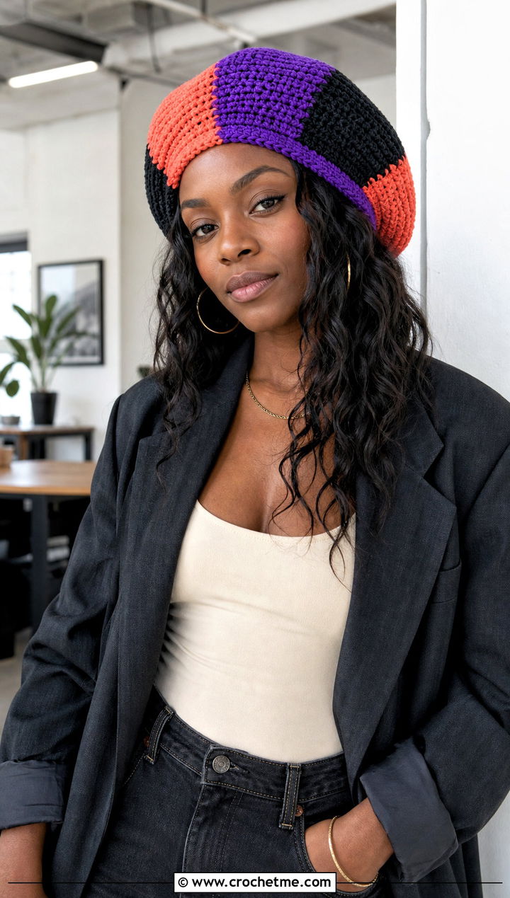 Color Block Crochet Rasta Tam Hat With Blazer And Jeans - 25 crochet rasta tam hat outfit ideas