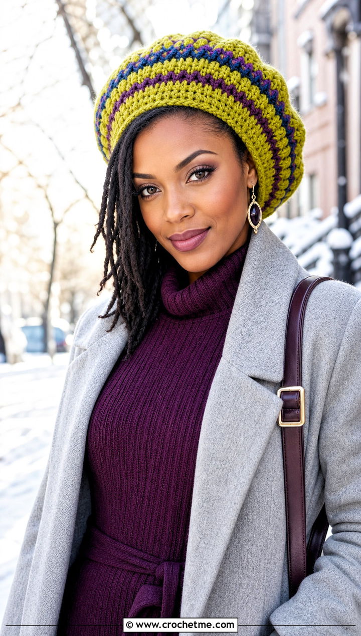 Color Block Crochet Rasta Tam With Sweater Dress And Tall Boots - 15 Crochet Bob Marley Hat outfit ideas
