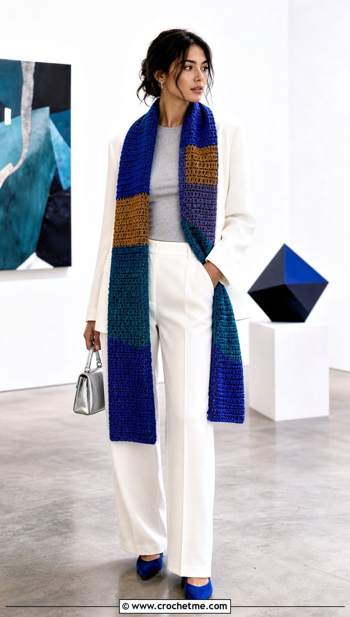 Color Block Crochet Ravenclaw Scarf With White Suit - 35 crochet ravenclaw scarf outfit ideas