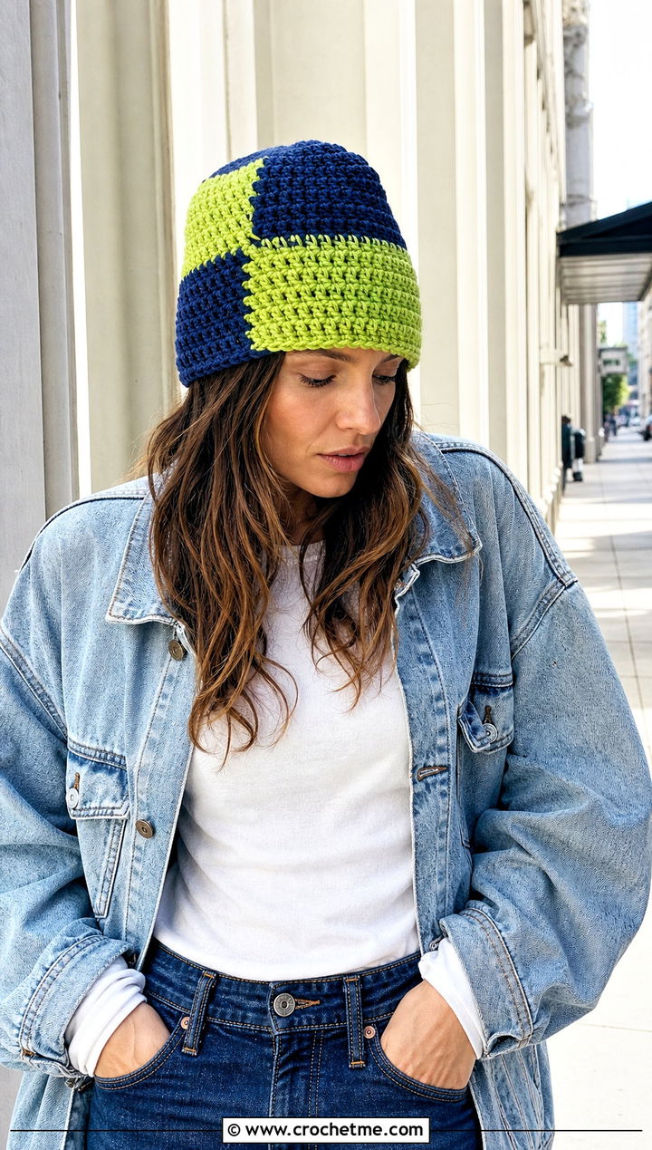 Color Block Crochet Rectangle Beanie With Denim Jacket And Jeans - 25 Crochet Rectangle Beanie outfit ideas