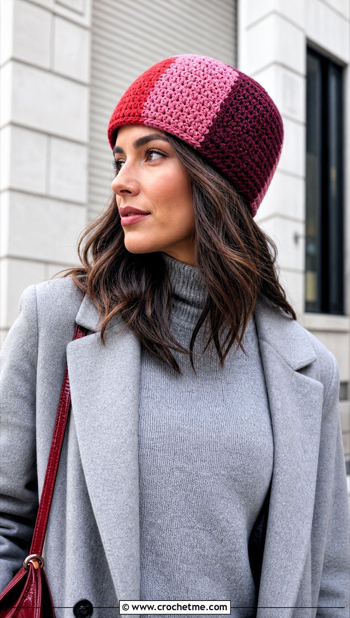 Color Block Crochet Rectangle Hat With Monochrome Outfit - 25 Crochet Rectangle Hat outfit ideas