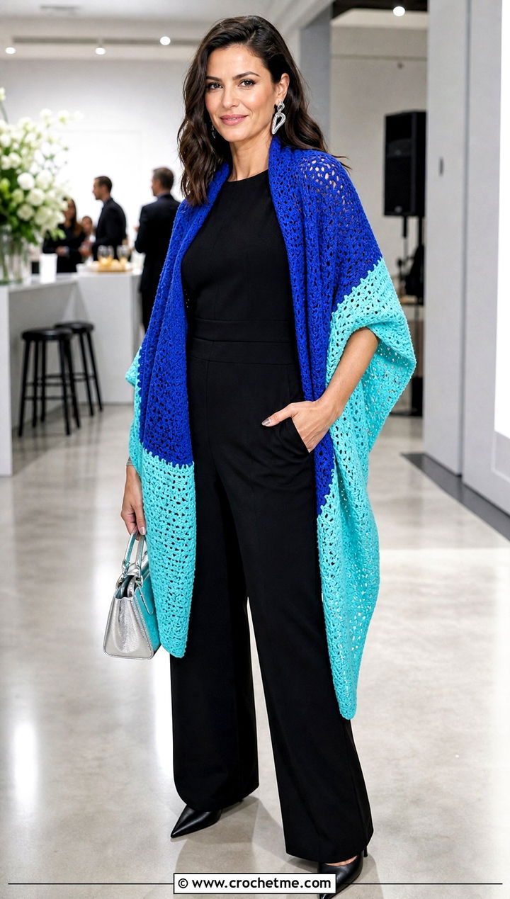 Color Block Crochet Rectangle Shawl With Black Jumpsuit - 35 Crochet Rectangle Shawl outfit ideas