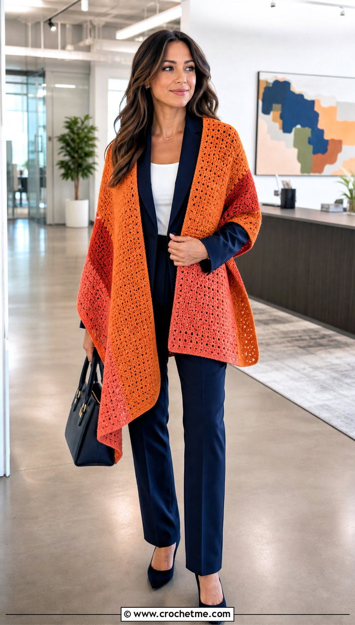 Color Block Crochet Rectangular Shawl With Pantsuit - 30 crochet rectangular shawl outfit ideas