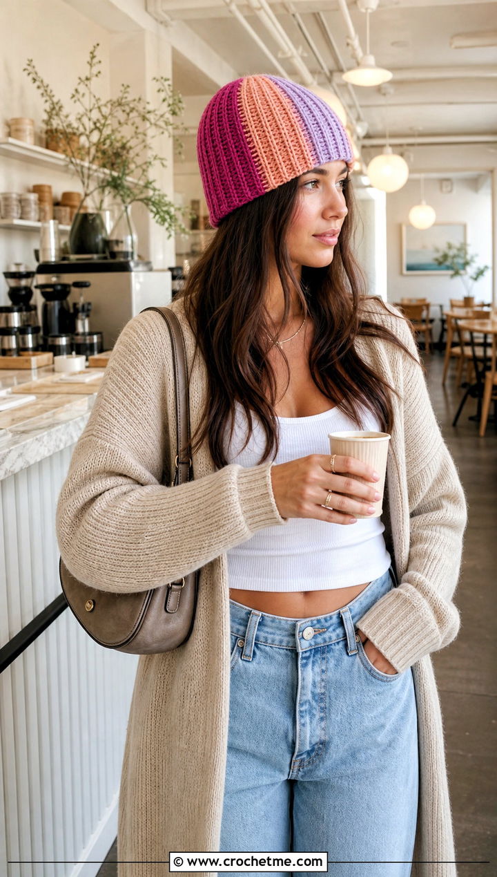 Color Block Crochet Ribbed Beanie With Long Cardigan - 20 easy crochet ribbed beanie outfit ideas