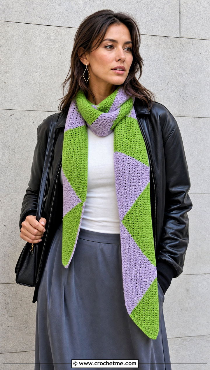 Color Block Crochet Road Trip Scarf With Leather Bomber - 15 Crochet Road Trip Scarf outfit ideas