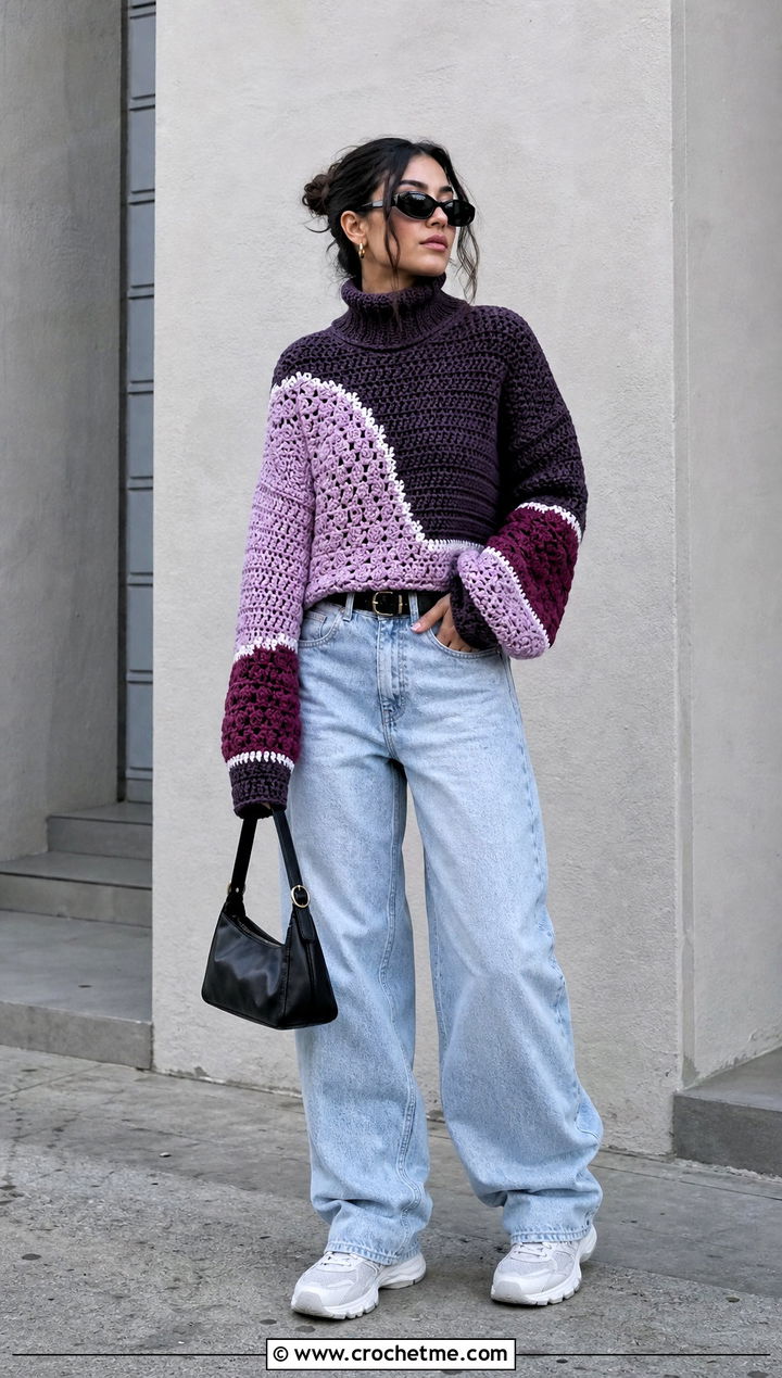 Color Block Crochet Roll Neck Sweater With Baggy Jeans - 20 Crochet Roll Neck Sweater outfit ideas