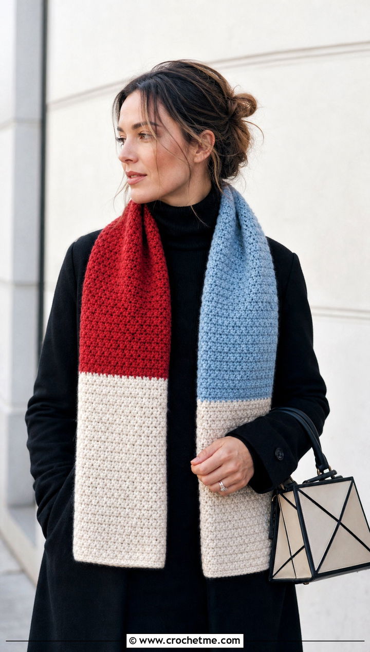Color Block Crochet Roll Up Scarf With Monochrome Outfit - 25 Crochet Roll Up Scarf outfit ideas