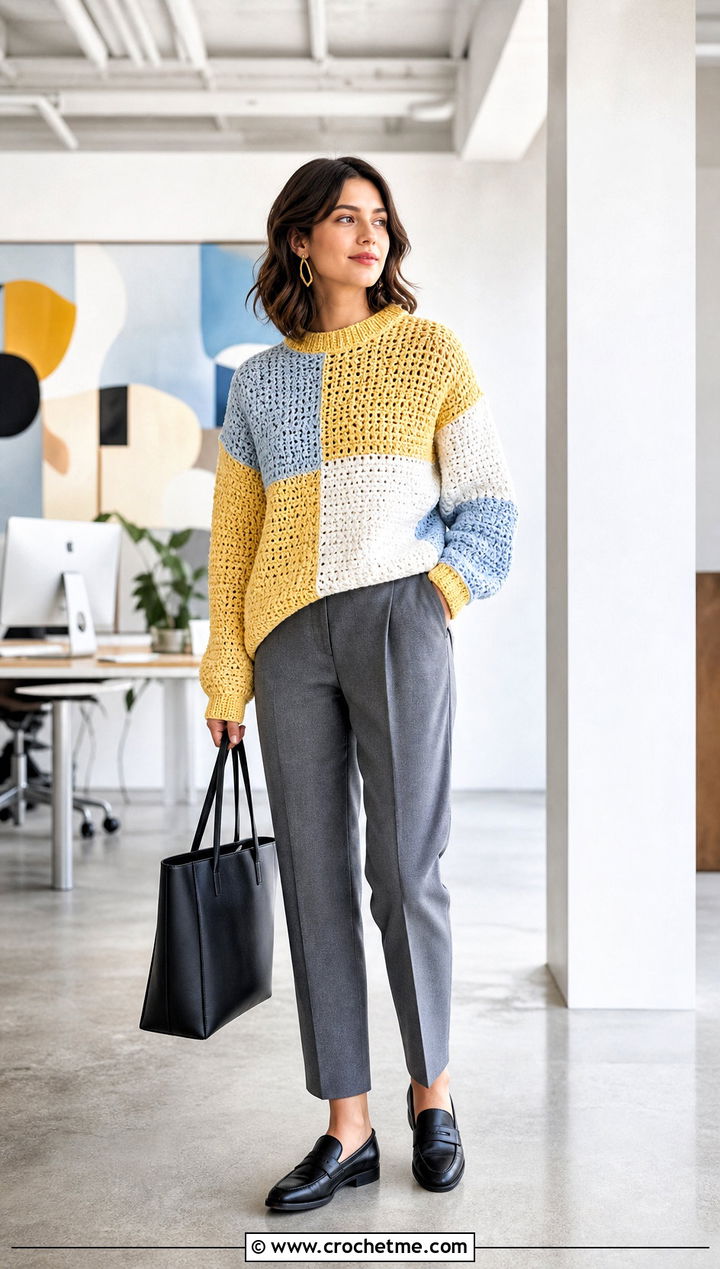 Color Block Crochet Rory Gilmore Sweater With Gray Trousers - 25 crochet rory gilmore sweater outfit ideas