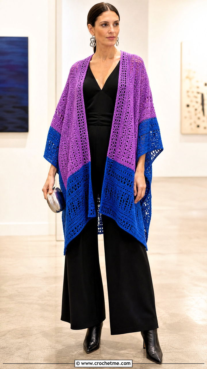 Color Block Crochet Ruana With Jumpsuit - 35 crochet ruana outfit ideas
