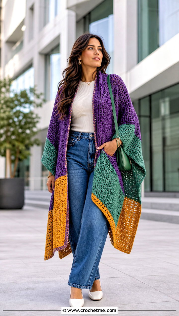 Color Block Crochet Ruana With Ribbed Top And Barrel Jeans - 15 easy crochet ruana outfit ideas