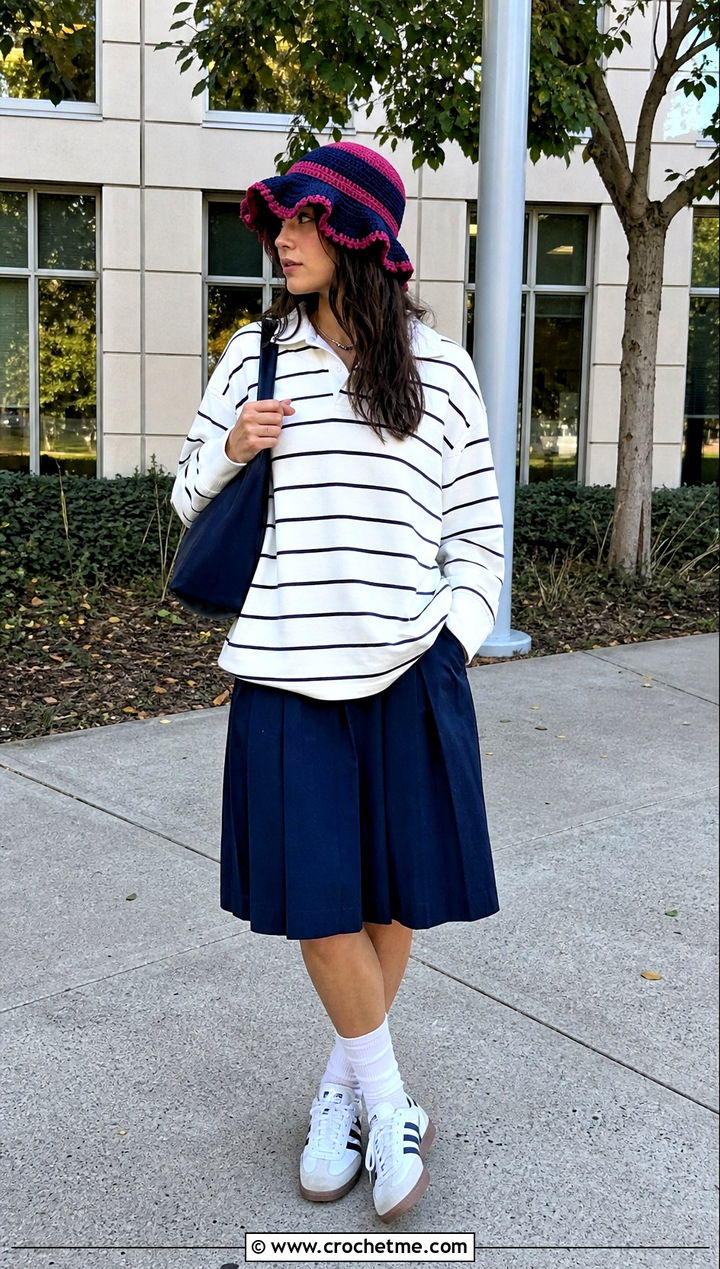 Color Block Crochet Ruffle Bucket Hat With Rugby Shirt And Pleated Skirt - 35 crochet ruffle bucket hat outfit ideas