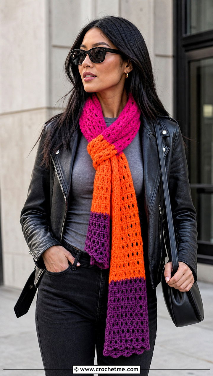 Color Block Crochet Sally Scarf With Leather Jacket - 20 Crochet Sally Scarf outfit ideas