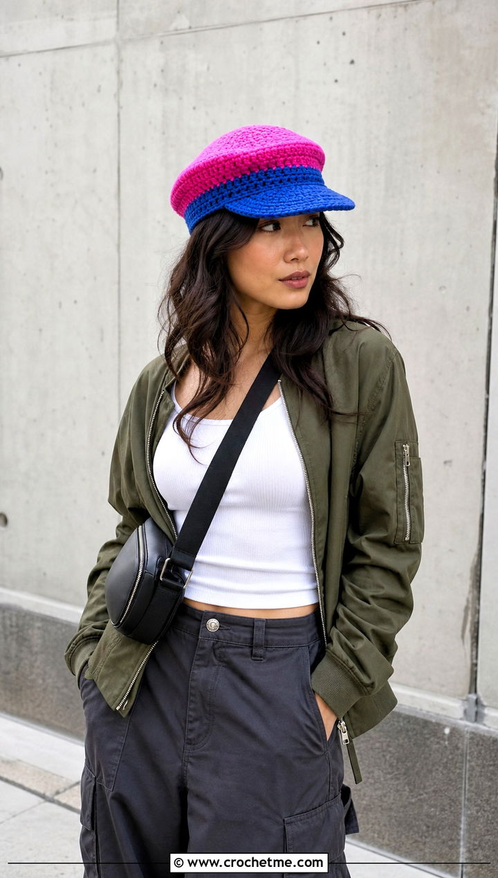 Color Block Crochet Scally Golf Hat With Cargo Pants And Bomber Jacket - 25 crochet golf hat outfit ideas