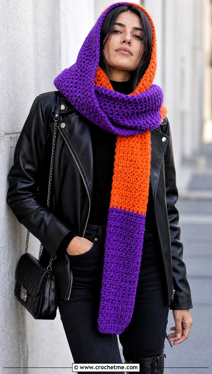 Color Block Crochet Scarf Hood With Leather Jacket - 30 crochet scarf hood outfit ideas