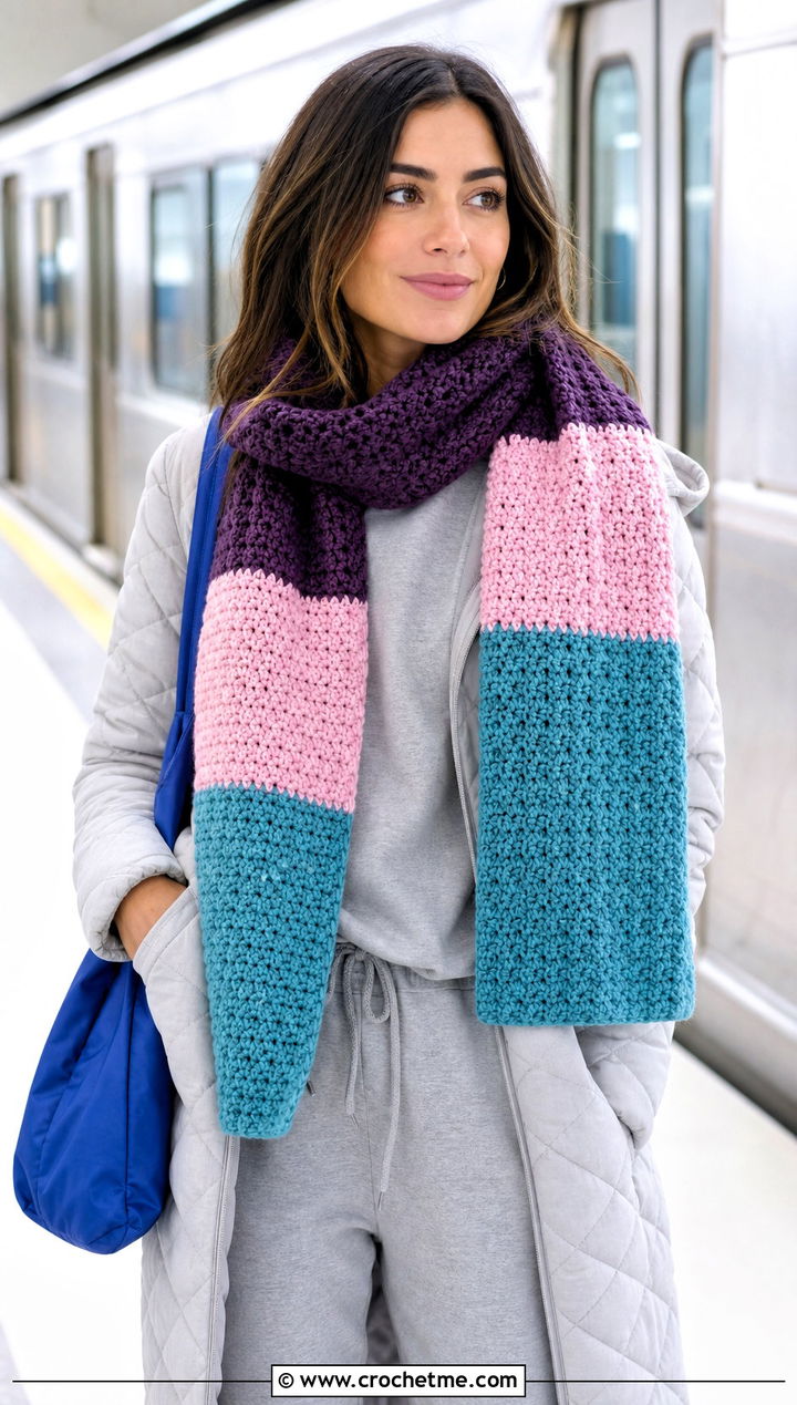 Color Block Crochet Scarf With Athleisure Set - 15 Winter Crochet Scarf Design outfit ideas