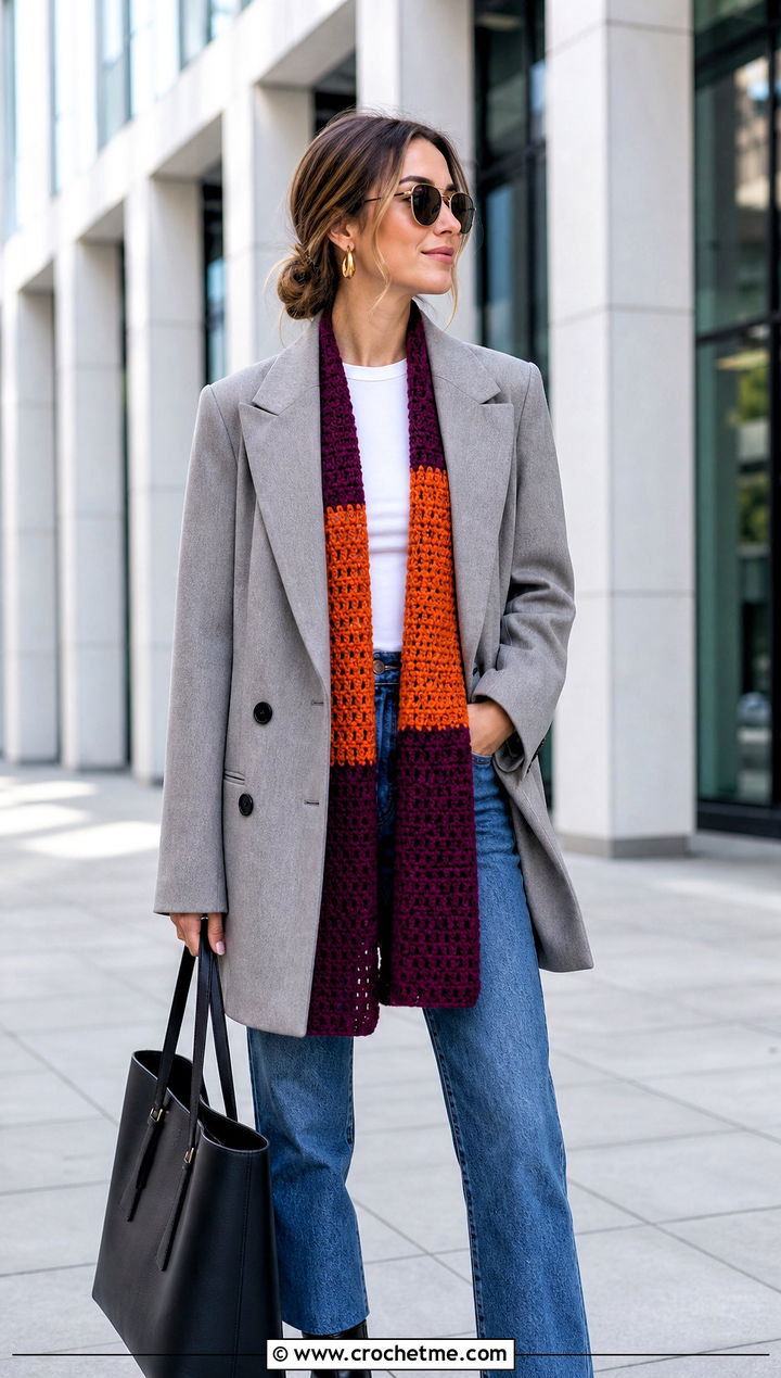 Color Block Crochet Scarf With Blazer And Jeans - 20 Crochet Scarf For Beginners outfit ideas