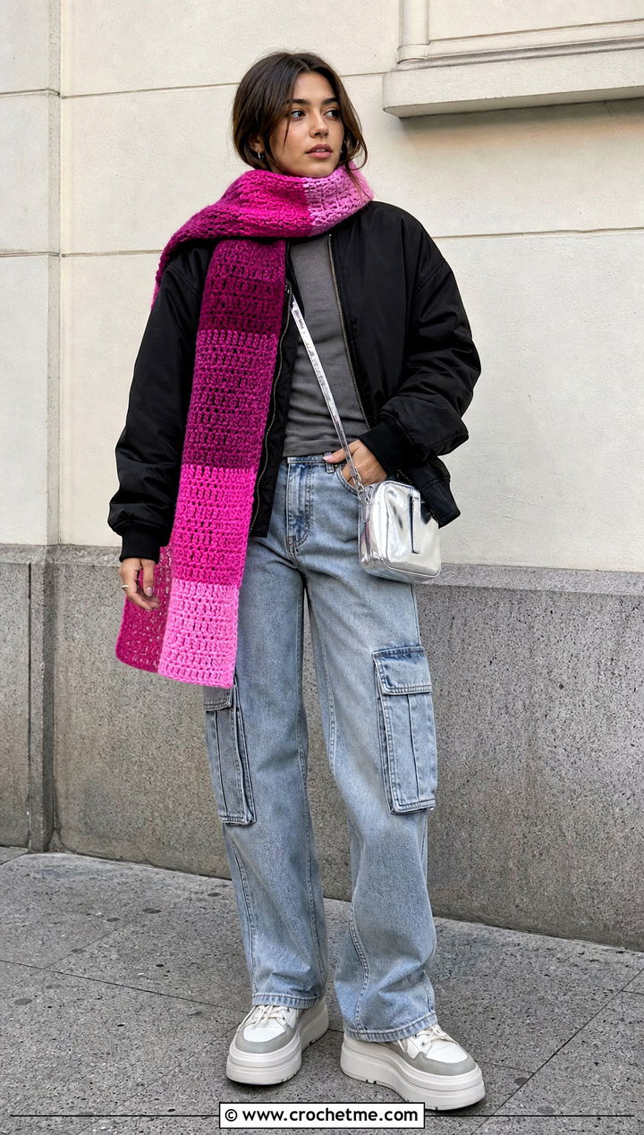 Color Block Crochet Scarf With Bomber Jacket - 35 Winter Crochet Scarfs For Women outfit ideas