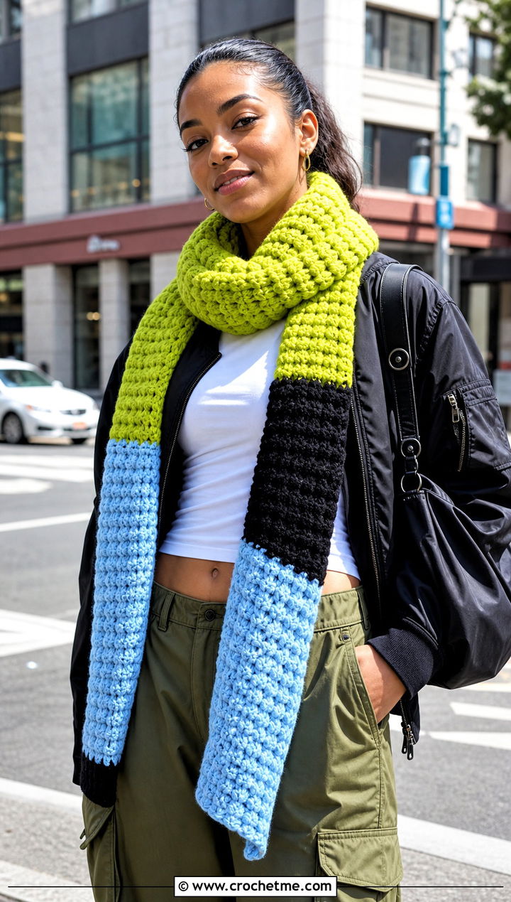 Color Block Crochet Scarf With Bomber Jacket - 15 Crochet For Scarves Using Bulky Yarn outfit ideas