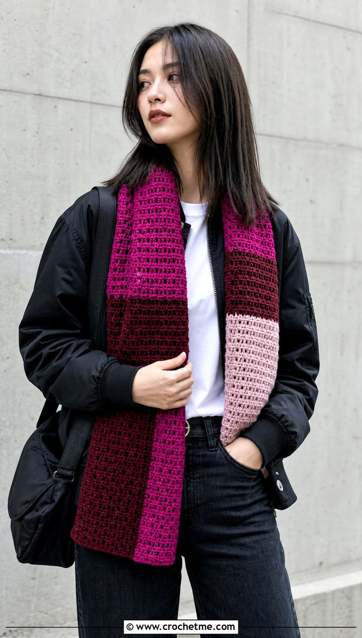 Color Block Crochet Scarf With Bomber Jacket - 15 Crochet Unisex Scarf outfit ideas