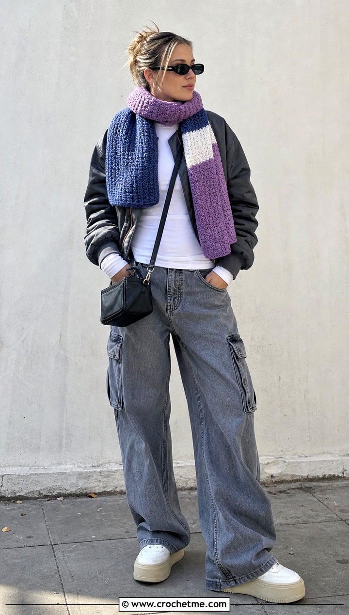 Color Block Crochet Scarf With Bomber Jacket And Cargo Jeans - 35 small crochet scarf outfit ideas