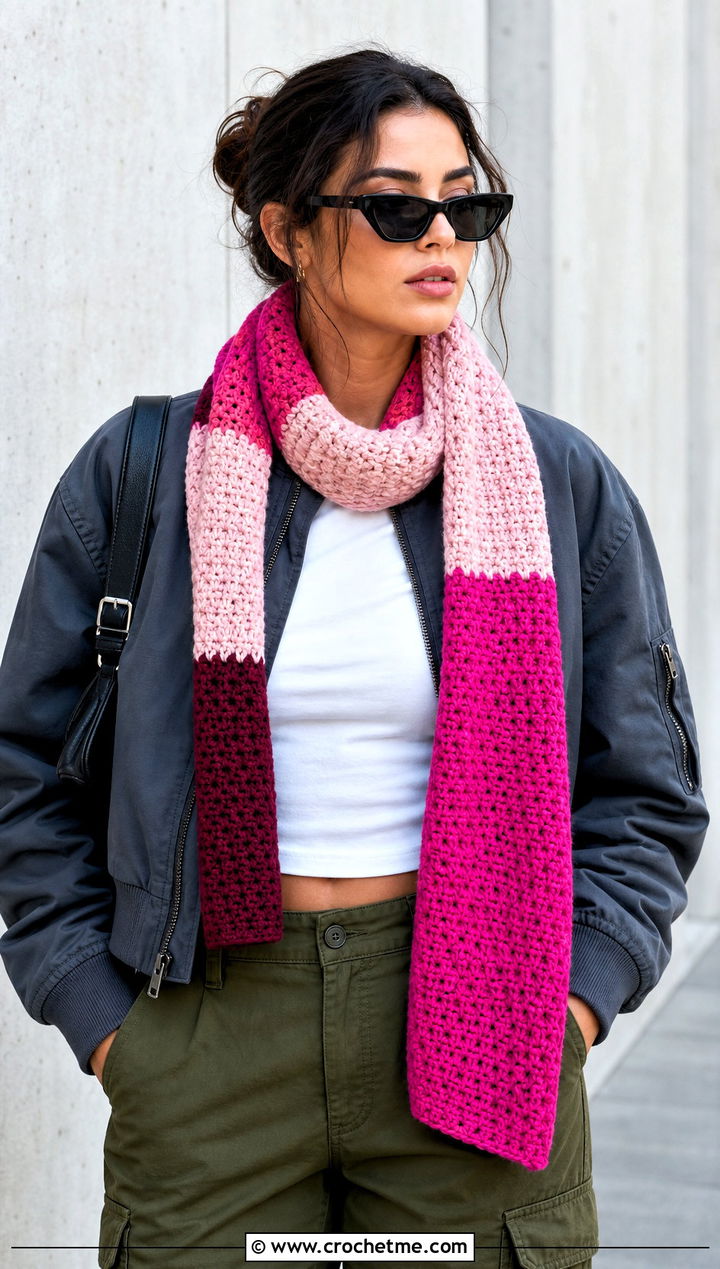 Color Block Crochet Scarf With Bomber Jacket And Cargo Pants - 15 elegant crochet scarf design outfit ideas