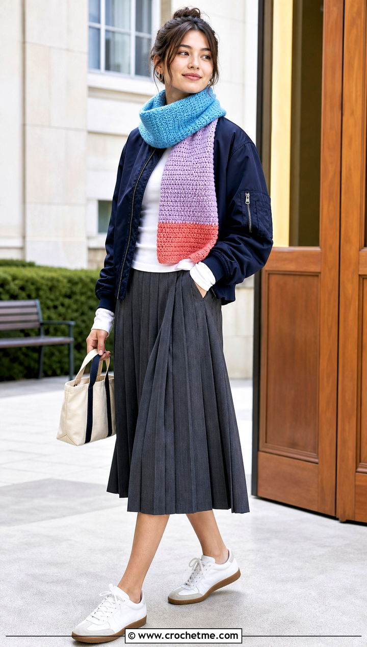 Color Block Crochet Scarf With Bomber Jacket - 30 bulky crochet scarf outfit ideas