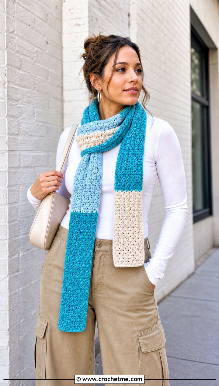 Color Block Crochet Scarf With Cargo Pants - 15 beginner crochet scarf design outfit ideas