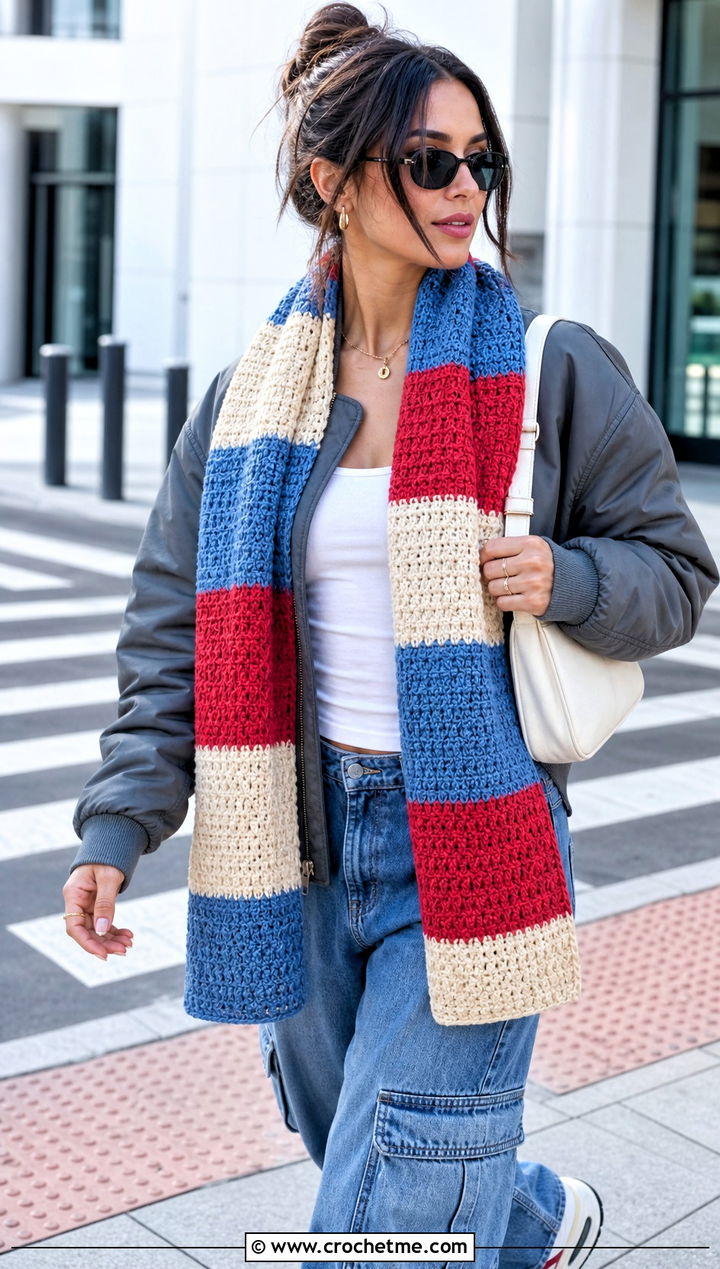 Color Block Crochet Scarf With Denim Cargo Jeans - 25 denim and crochet scarf outfit ideas