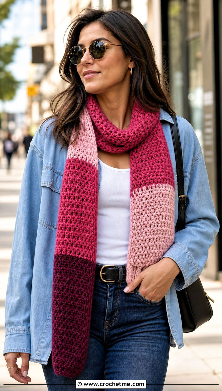 Color Block Crochet Scarf With Double Denim - 20 Beginner Crochet Projects Scarf outfit ideas