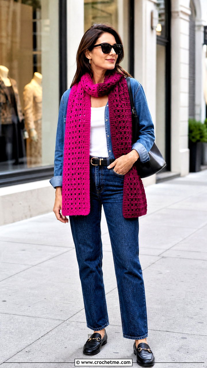 Color Block Crochet Scarf With Double Denim - 35 simple crochet scarf outfit ideas