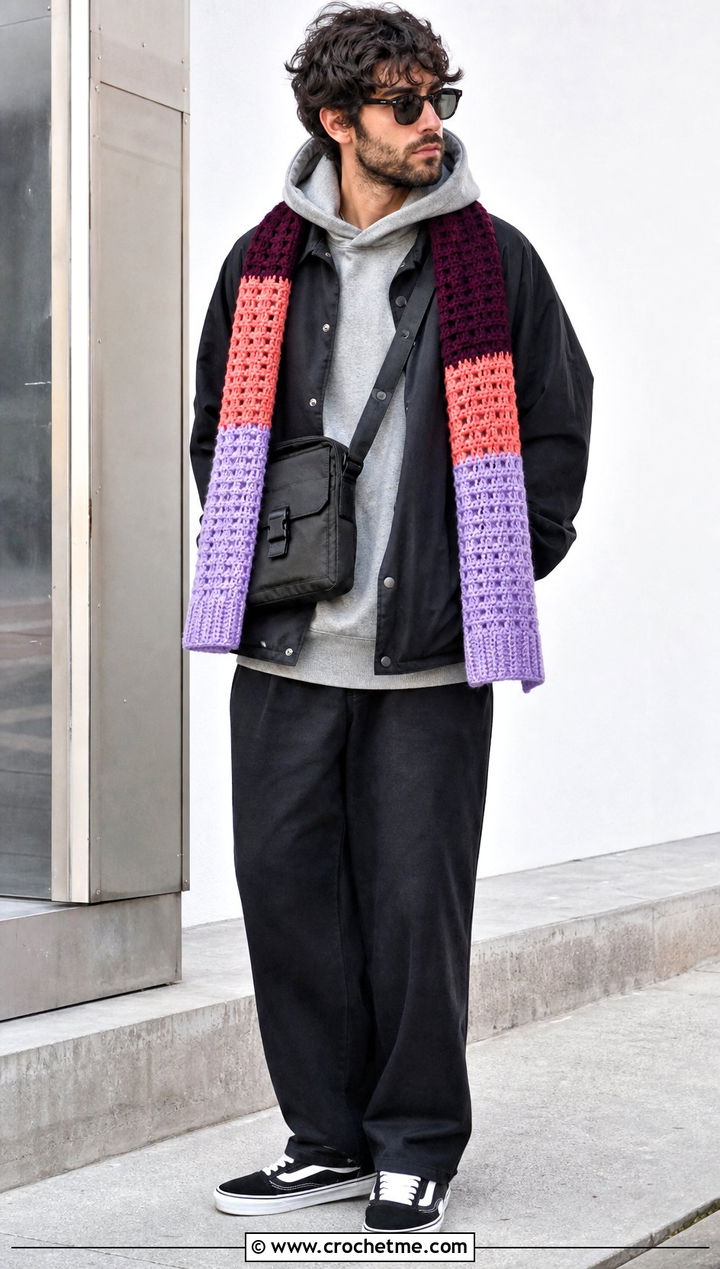 Color Block Crochet Scarf With Hoodie - 30 male crochet scarf outfit ideas