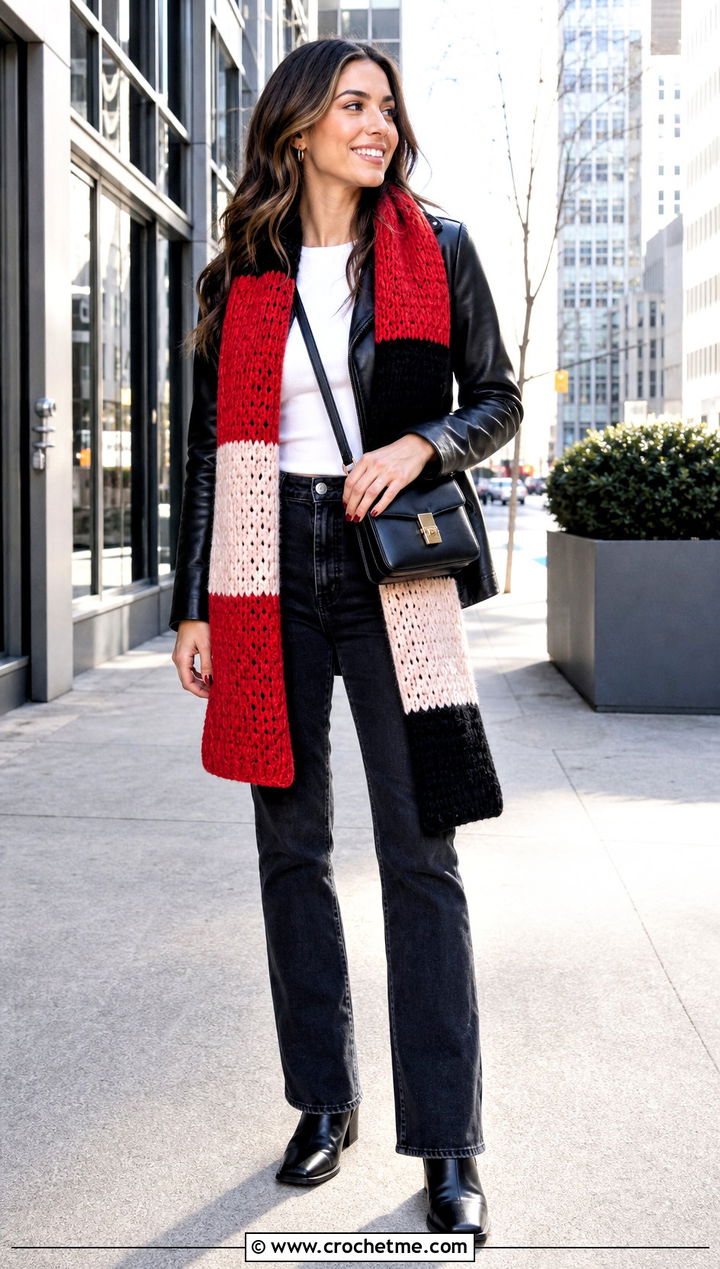 Color Block Crochet Scarf With Leather Jacket - 35 crochet scarves outfit ideas
