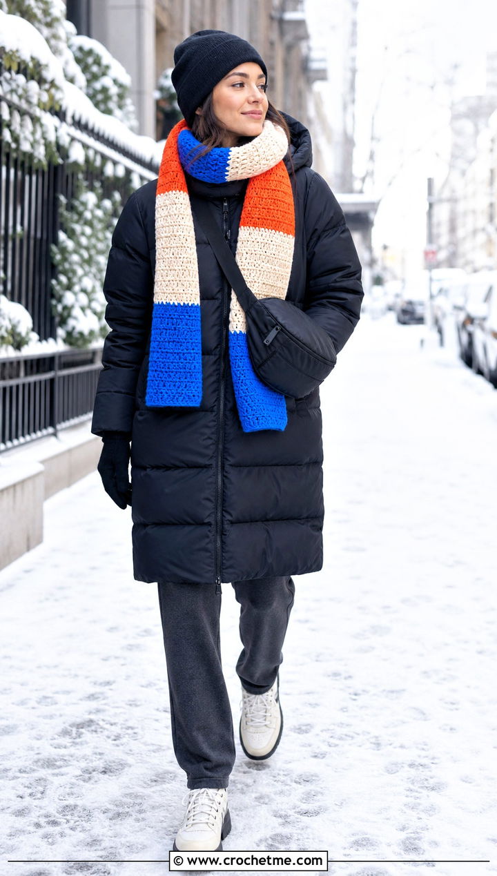 Color Block Crochet Scarf With Long Puffer and Track Pants - 35 Winter Crochet Scarf outfit ideas