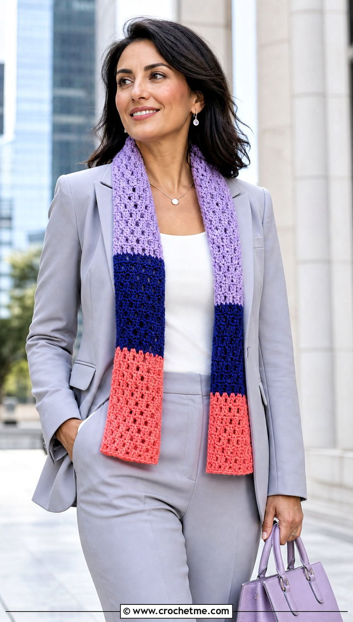 Color Block Crochet Scarf With Matching Suit - 35 fun crochet scarf outfit ideas