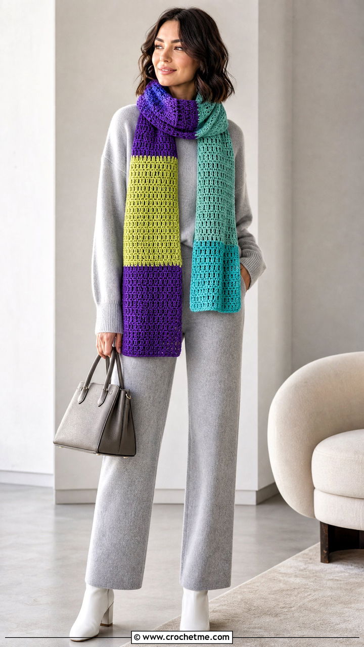 Color Block Crochet Scarf With Monochrome Knit Set - 35 quick crochet scarf outfit ideas