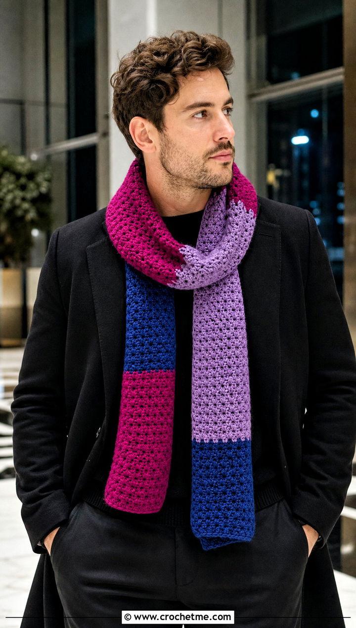 Color Block Crochet Scarf With Monochrome Outfit - 30 crochet scarf ideas for men
