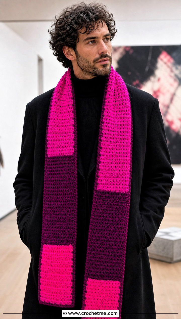 Color Block Crochet Scarf With Monochrome Outfit - 30 Mens Crochet Scarf outfit ideas